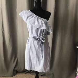 Nine West Blue Striped One-Shoulder Dress
